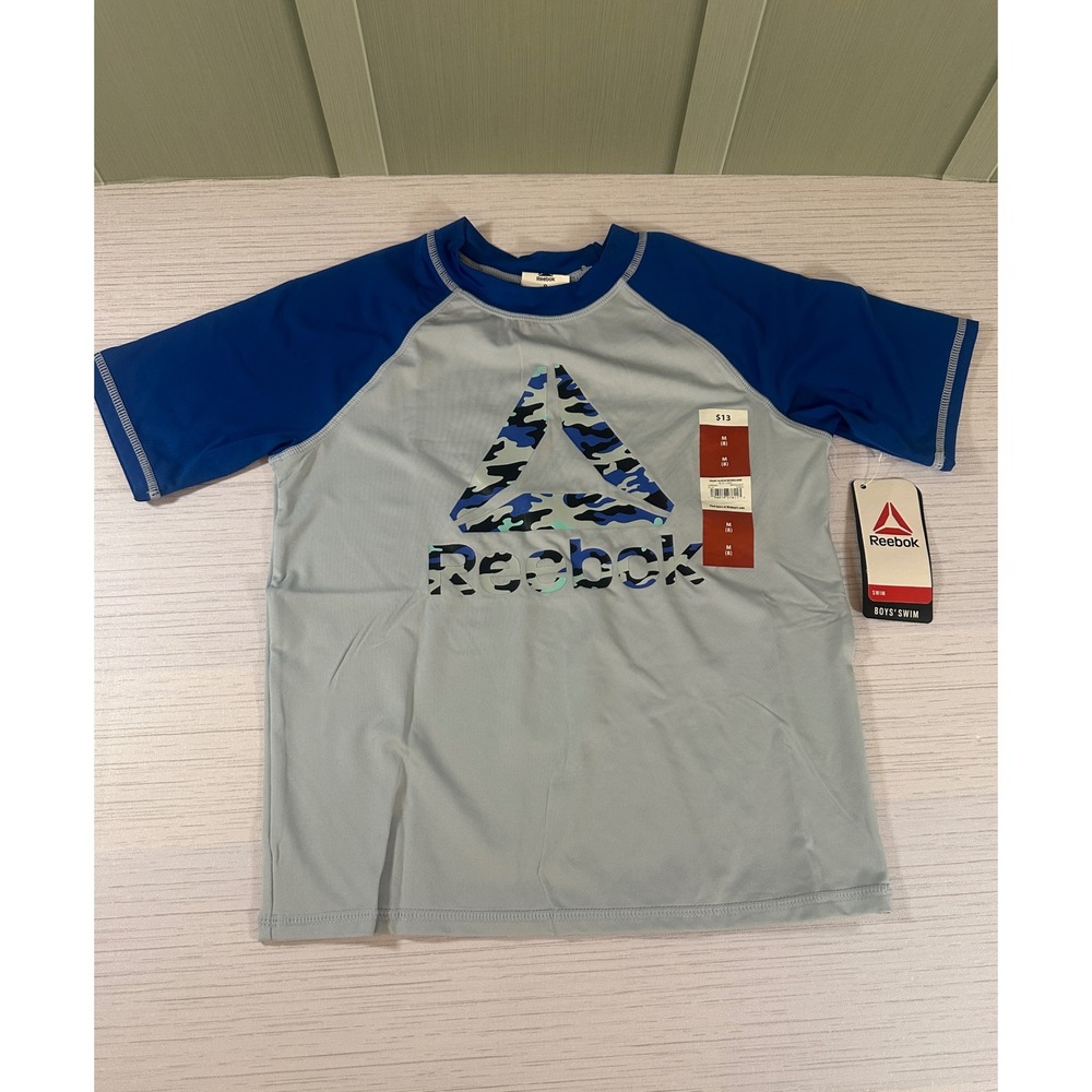 Reebok Boys Rash Guard Swim Shirt Grey Blue Camo Logo UPF 50+ Size 8 M NWT